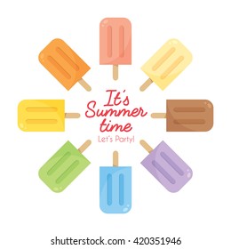 Vector set of various flavor popsicles isolated on white background. Rainbow color popsicles.