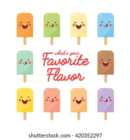 Vector set of various flavor popsicles. Cute smiling cartoon popsicles isolated on white background.