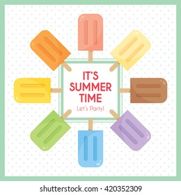 Vector set of various flavor popsicles with frame and polka dot as background. Rainbow colour popsicles.