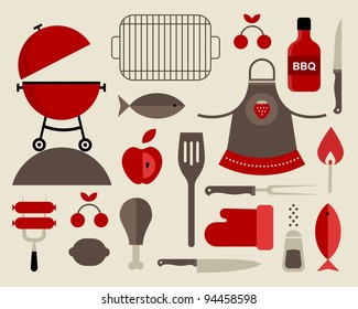 Conjunto vectorial de varios íconos de la barbacoa de comida