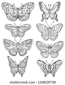 Vector set of various forms butterflies. Black and white