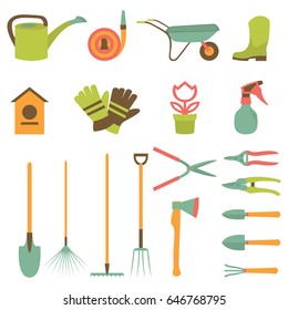 Vector set of various gardening items and garden tools in flat design