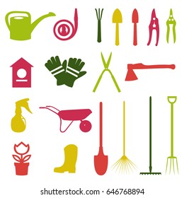 Vector set of various gardening items and garden tools in flat design