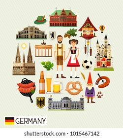 Vector Set of Various Germany Icons on a Circle Shape. Germany Travel Icons. Vector Illustration.