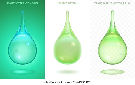 Vector set of various green drops. 
Realistic falling droplets of tarragon soda drink, aloe juice, lime juice cocktail. Perfect detailed icons with a bubbles and different transparency. Gradient mesh