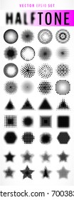 Vector set of various halftone circles, triangles, rectangles isolated on white background. Vector illustration for your graphic design.