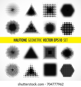 Vector set of various halftone circles, triangles, rectangles isolated on white background. Vector illustration for your graphic design.