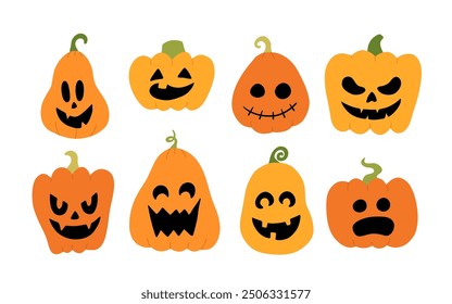 Vector set of various halloween jack-o-lantern with different face expressions. Cute and spooky pumpkins on white isolated background. Flat cartoon vector collection