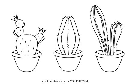 Vector set with various hand drawn outline cactuses in flowerpots. Cute hand drawn cactus print with inspirational quote isolated on white.