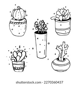 Vector set with various hand drawn outline cactuses in flowerpots. Cute hand drawn cactus print with inspirational inscription isolated on white background. 