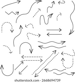 Vector set of various hand-drawn, dashed-line doodle arrows. Ideal for creative designs, presentations, annotations, and graphic elements.