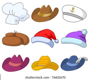 Vector, set of various hats: Santa Claus, cook, sheriff, musketeer, captain and others