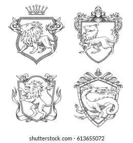 Vector set of various heraldic shields with different heraldic animals: lions, wolf and dragon in the center on a white background. Coat of arms, heraldry, emblem, symbol. Line art. 