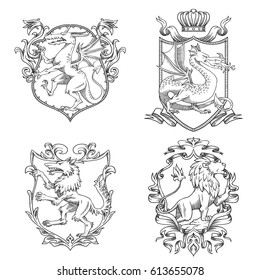 Vector set of various heraldic shields with different heraldic animals: dragons, wolf and lion in the center on a white background. Coat of arms, heraldry, emblem, symbol. Line art. 