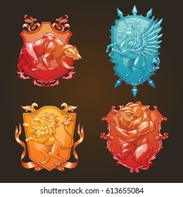 Vector set of various heraldic shields with different heraldic animals: bears, unicorn and lion in the center on a dark background. Coat of arms, heraldry, emblem, symbol. Color image. 