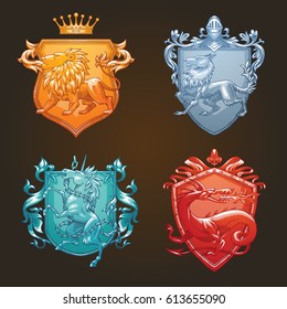Vector set of various heraldic shields with different heraldic animals: lion, wolf, unicorn, dragon in the center on a dark background. Coat of arms, heraldry, emblem, symbol. Color image. 