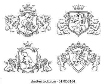 Vector set of various heraldic shields with different heraldic animals: bears, lions, dragons and unicorns in the center on a white background. Coat of arms, heraldry, emblem, symbol. Line art.  
