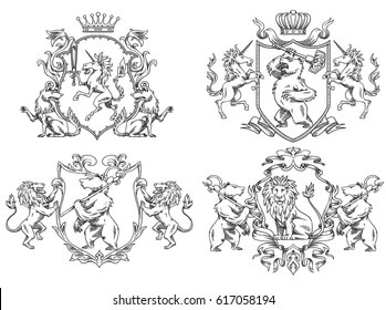 Vector set of various heraldic shields with different heraldic animals: wolves, lions, bears and unicorns in the center on a white background. Coat of arms, heraldry, emblem, symbol. Line art.  