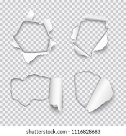 Vector set of various holes torn in paper with rolled edges isolated on transparent background