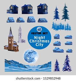 Vector set of various houses with snow-covered roofs, towers and luminous windows. Illustration architecture in the winter city, trees, mountain and Moon. Vector illustration.