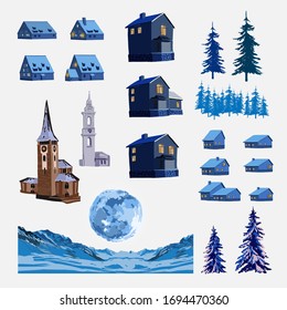 Vector set of various houses with snow-covered roofs, towers and luminous windows. Illustration architecture in the winter city, trees, mountain and Moon. Vector illustration