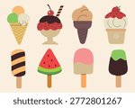 Vector set of various ice cream icons isolated on light background. Collection of frozen desserts including cones, popsicles, sundaes, and watermelon ice cream in flat design style.