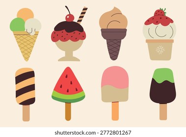 Vector set of various ice cream icons isolated on light background. Collection of frozen desserts including cones, popsicles, sundaes, and watermelon ice cream in flat design style.