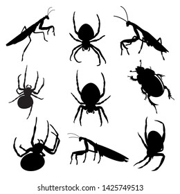 Vector set of various insects: mantis, spider and earth-boring dung beetle in black color, isolated, on white background.