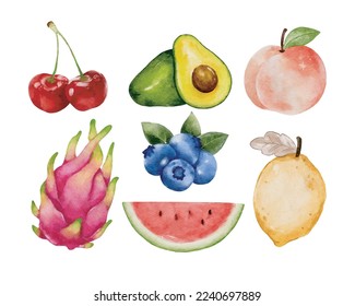 vector set of various isolated, watercolor and hand drawn fruits