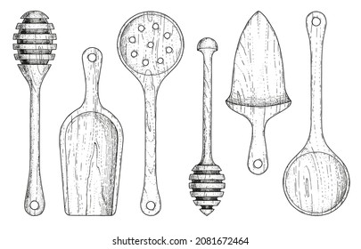 Kitchen utencils in sketch style, black and white