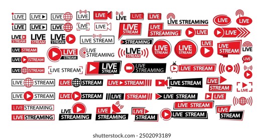 Vector Set Of Various Live Streaming And Broadcast Icons In Red And Black. Live Stream Notifications And Live Broadcast