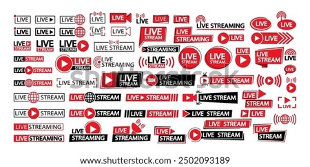 Vector Set Of Various Live Streaming And Broadcast Icons In Red And Black. Live Stream Notifications And Live Broadcast