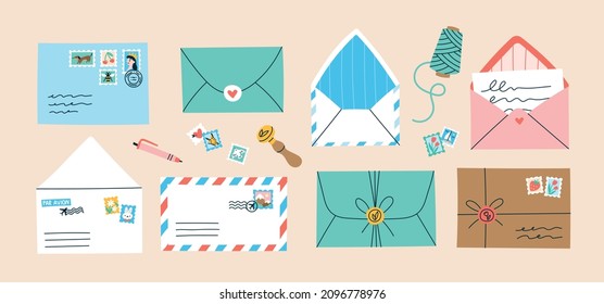 Vector set of various mail envelopes, letters, postage stamps and stationery. Hand drawn postal items in fllat style.