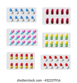Vector set of various medical pills in packaging flat style