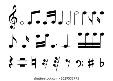 Conjunto vetorial de várias notas musicais e símbolos. Ideal para educação musical, design de pôster, partituras e materiais didáticos