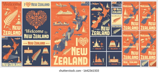 Vector Set of Various New Zealand Icons . Map and flag. The most famous city: Auckland, Christchurch, Wellington, Hamilton.