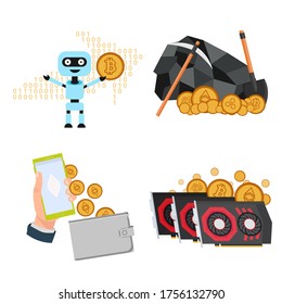 Vector set of various online process with crypto currency: exchange, purchase, sale, growth, fall, accumulation, fund. Vector collection of cryptocurrency design concept for advertising. 