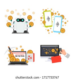 Vector set of various online processes with crypto currency: exchange, purchase, sale, growth, fall, accumulation, fund. Vector collection of cryptocurrency design concept for advertising. 