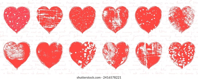 Vector set with various painted heart shapes with different textures, lace, dots, splatter, speckled for wedding and Valentine's Day graphic design