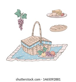 Vector set of various picnic food (fruits, cheese), basket and cloth. Isolated objects on white background. Decor elements for gift card and kids products.