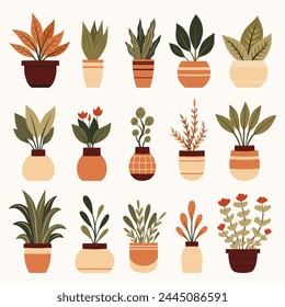 Vector set of various plants in vases clip arts. Collection of flowers in pots for home decoration. Greenery in vessels. Natural design elements for stickers, icons, hobby articles