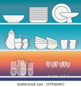 Vector set of various porcelain and glassware. Tableware and dishes: plate, mug, сup, teapot, glass, wine glass, jug, bowl. Vector graphics.