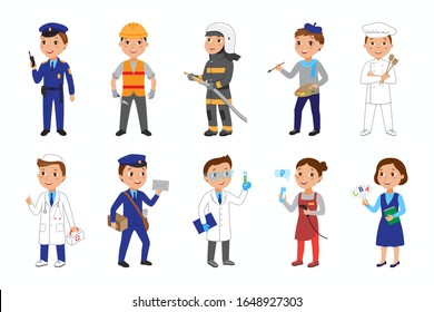 Vector set of various professions for kids. Policeman, builder, fireman, painter, cook, doctor, postman, scientist, seller, teacher. Cartoon boys and girls.