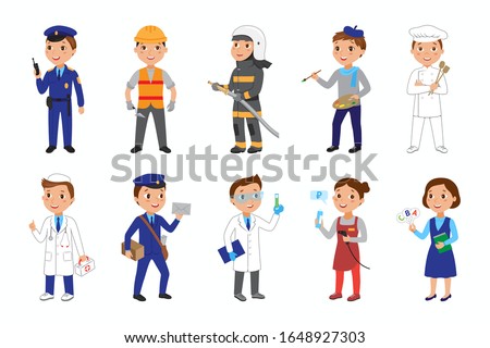 Vector set of various professions for kids. Policeman, builder, fireman, painter, cook, doctor, postman, scientist, seller, teacher. Cartoon boys and girls.