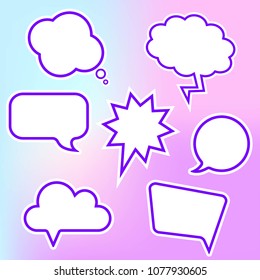 Vector set of various purple speech bubbles with bright outline on the colourful gradient background. 