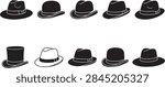 A vector set of various retro men hats including fedora, bowler, and top hat in black and white.