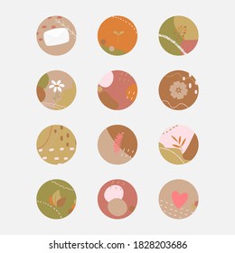 Vector Set Of Various Round Abstract Backgrounds In Fall Colors. Icons Template For Instagram Story Highlight Covers For Bloggers, For Social Media, And For Business, Scrapbooking Or Bullet Journal.