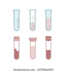Vector set of various scientific and medical laboratory test tubes. An empty bottle with scale and vials with liquid and blood, tubes with and without a lid. 6 isolated flat minimalism illustrations