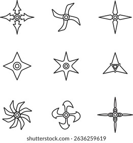 Vector set of various shuriken (ninja stars) in different blade designs. Black line art on white background, suitable for icons, logos, or illustrations.