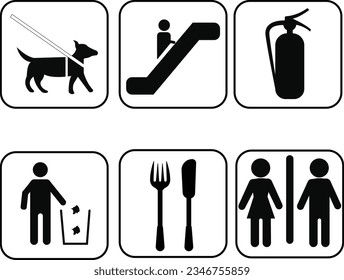 Vector set of various signage icon shopping mall, service signs, International communication icon set. Isolated vector illustration.